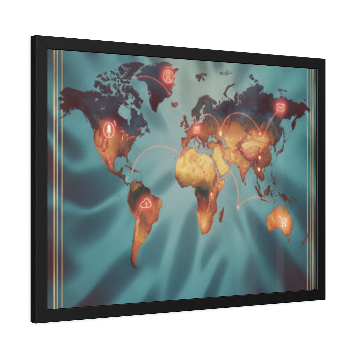Framed World Map Poster – Glowing Network Travel Art Print | Modern Wall Decor