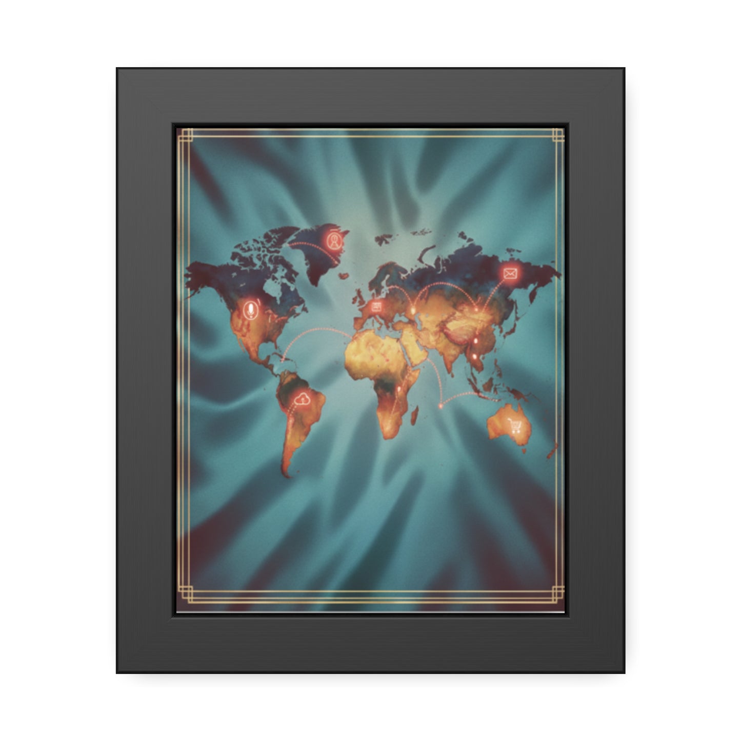 Framed World Map Poster – Glowing Network Travel Art Print | Modern Wall Decor