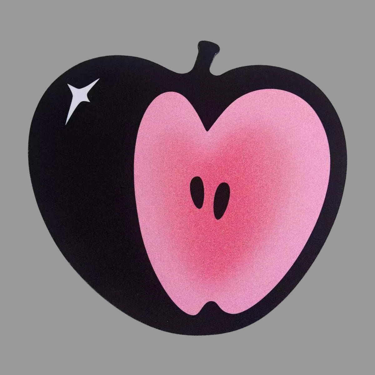 Black and pink apple-shaped mouse with a star and two black dots on a white background