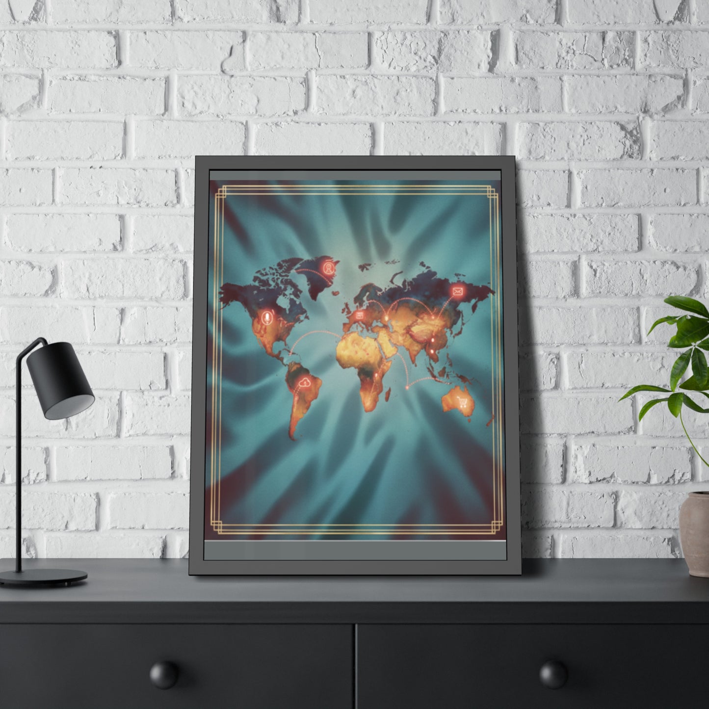 Framed World Map Poster – Glowing Network Travel Art Print | Modern Wall Decor