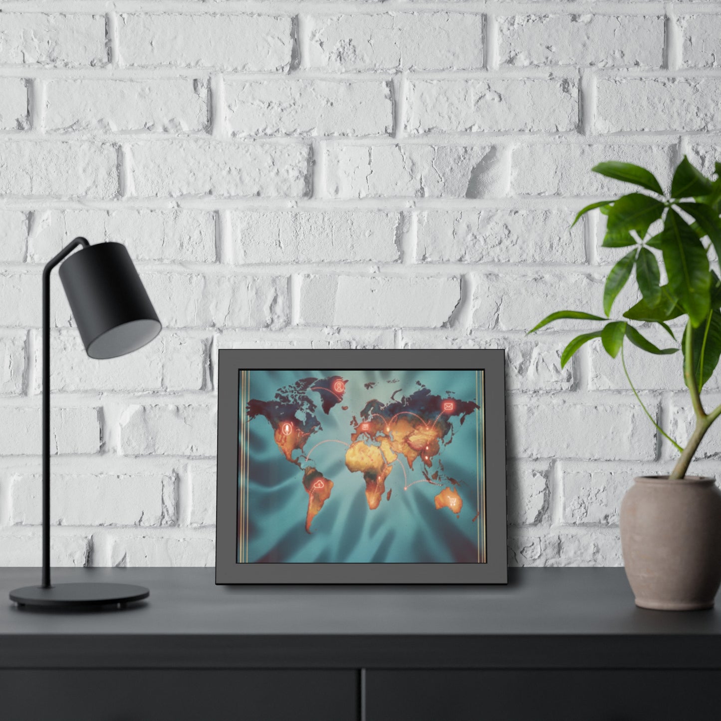 Framed World Map Poster – Glowing Network Travel Art Print | Modern Wall Decor