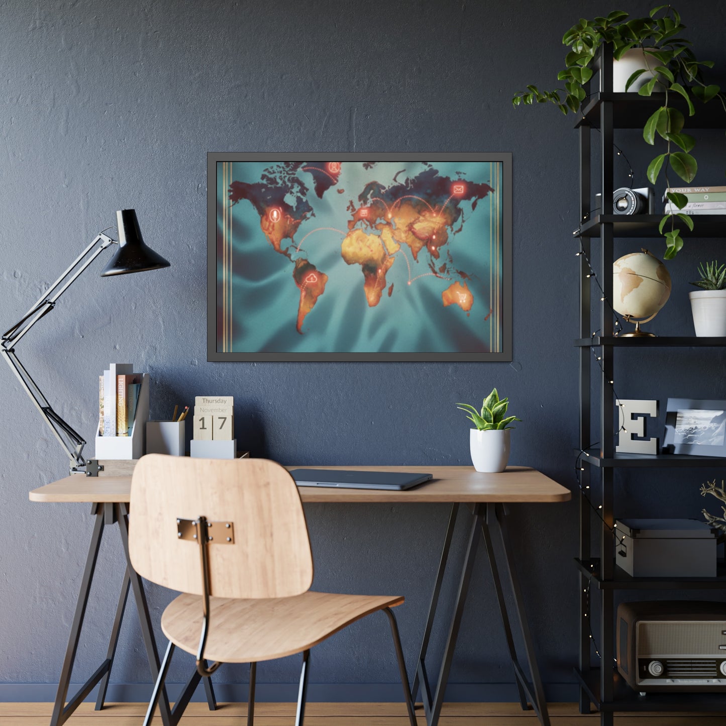 Framed World Map Poster – Glowing Network Travel Art Print | Modern Wall Decor