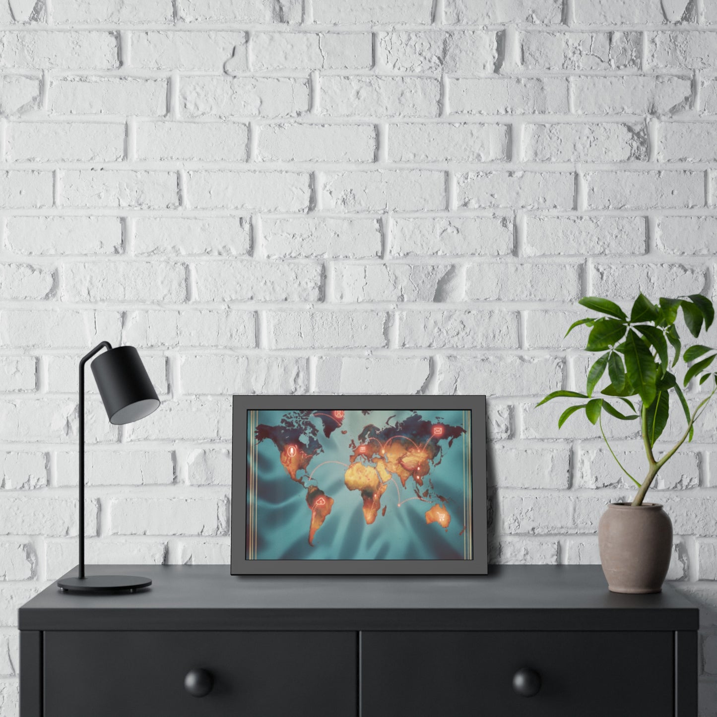 Framed World Map Poster – Glowing Network Travel Art Print | Modern Wall Decor