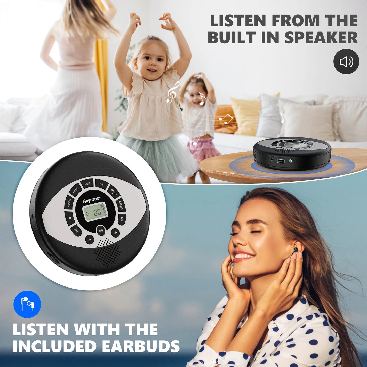 Rechargeable Discman CD Walkman with Speaker & Anti-Skip Protection | Portable CD Player with USB & Earbuds