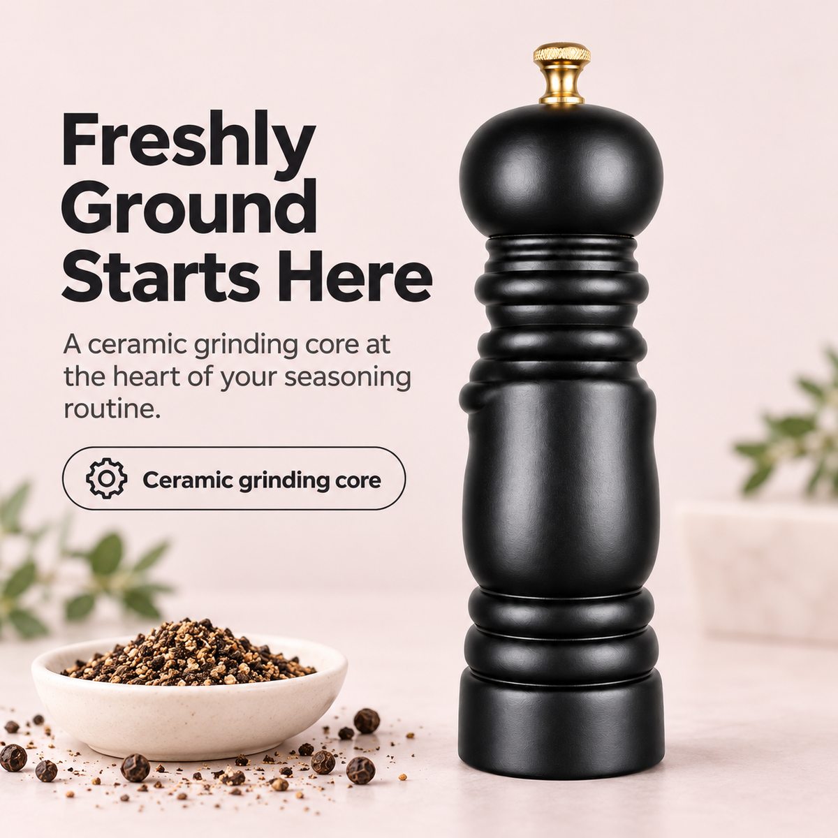 Black Wooden Pepper Mill – Manual Ceramic Grinder, 19.5 cm