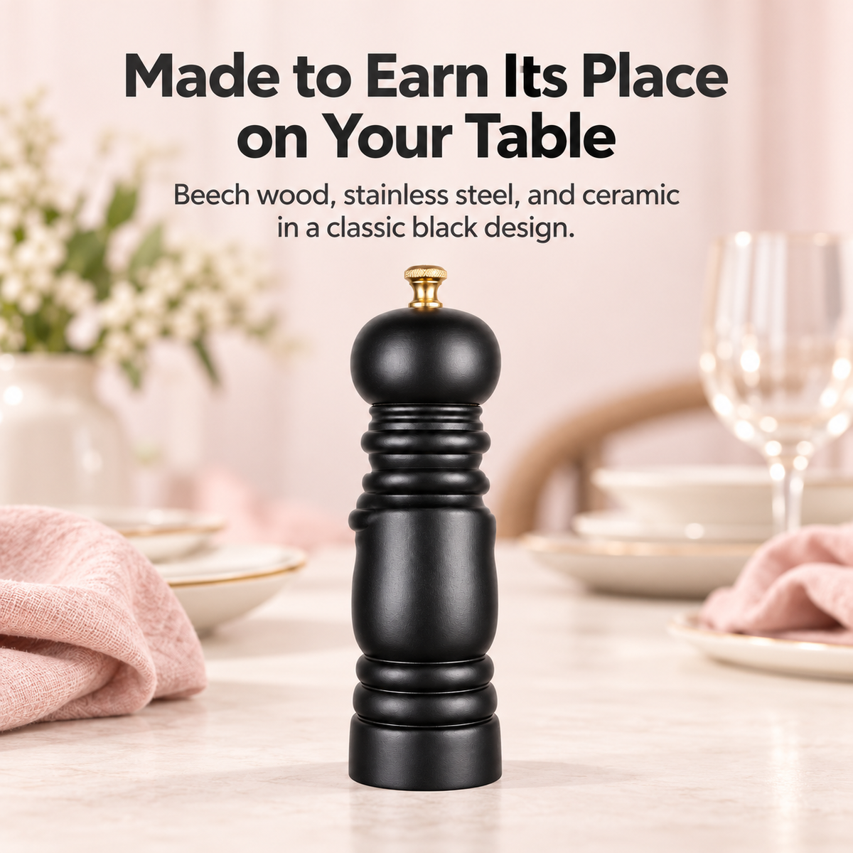 Black Wooden Pepper Mill – Manual Ceramic Grinder, 19.5 cm