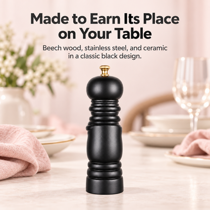 Black Wooden Pepper Mill – Manual Ceramic Grinder, 19.5 cm