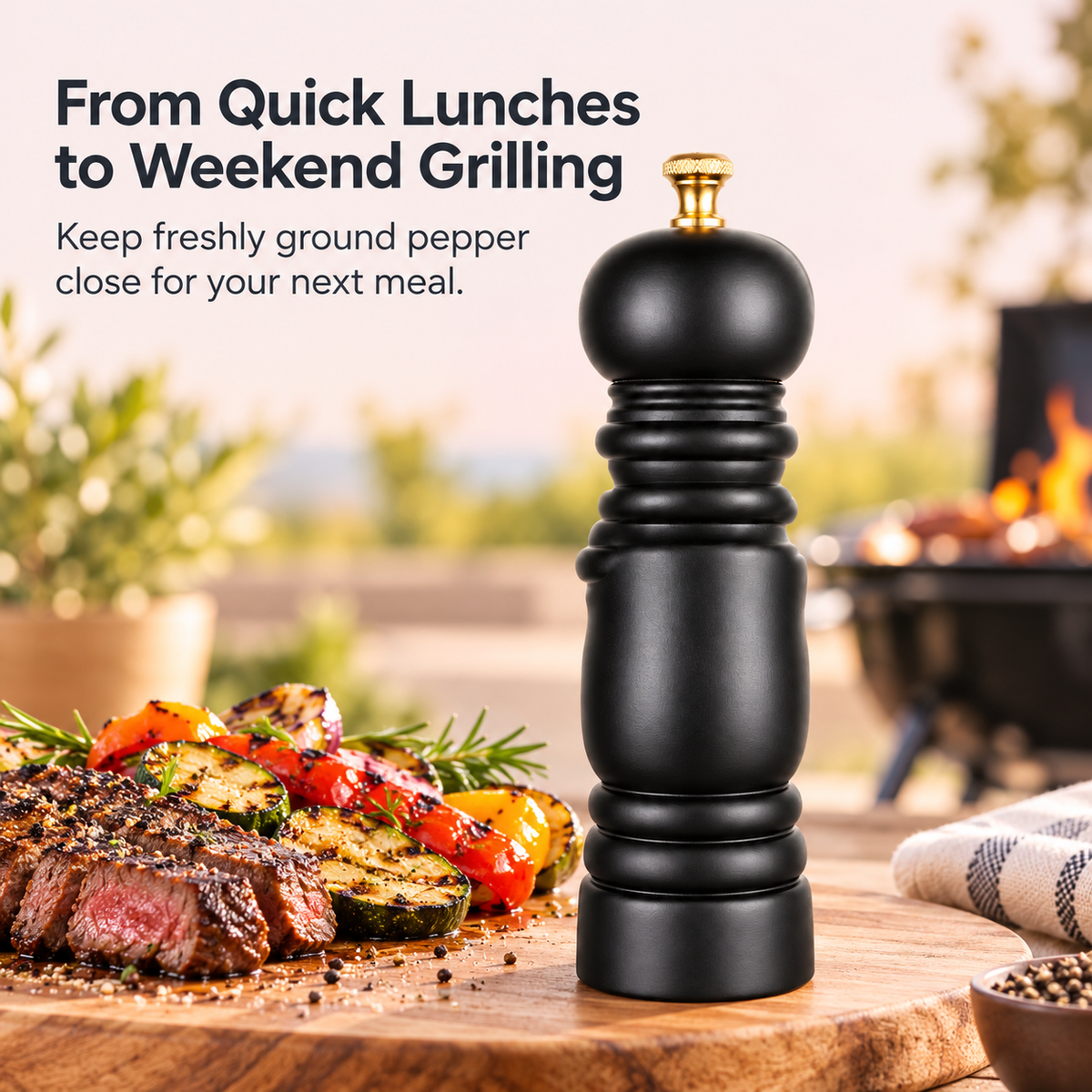 Black Wooden Pepper Mill – Manual Ceramic Grinder, 19.5 cm