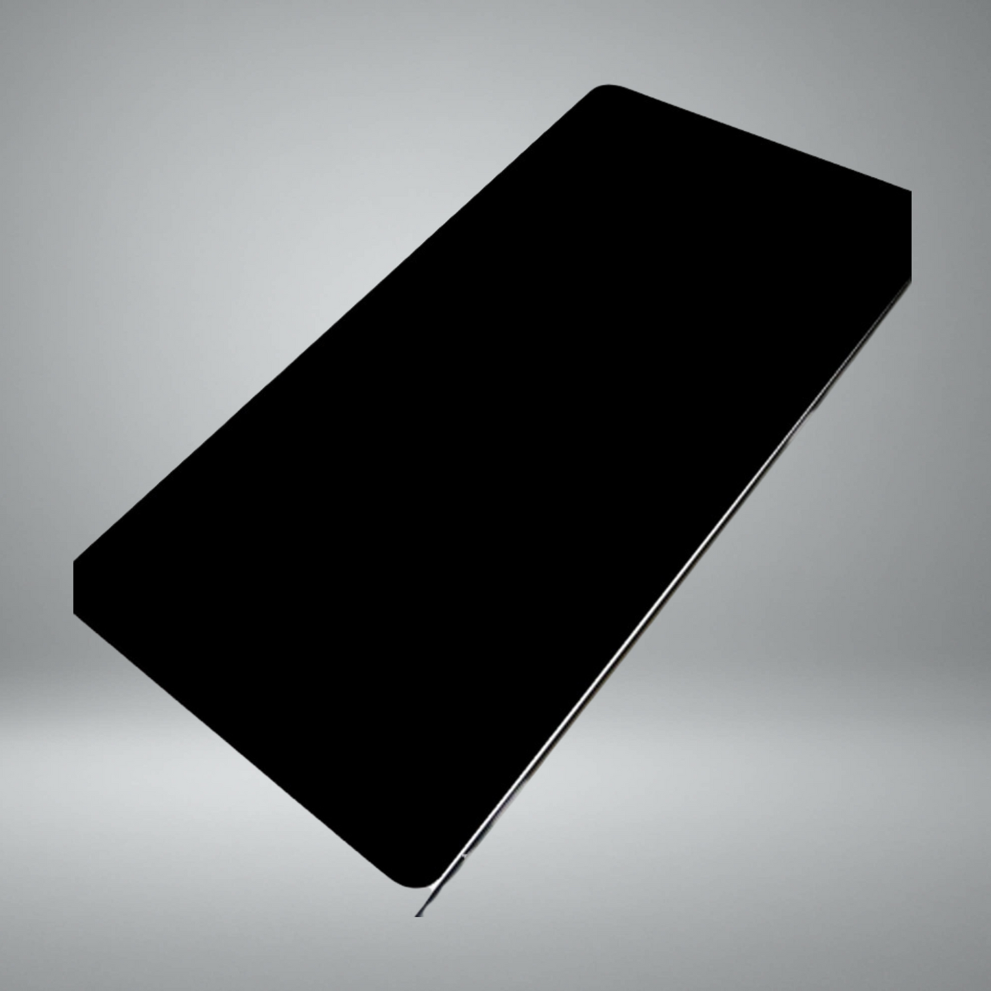 A black rectangular mousepad shown at an angle on a metallic silver gradient background.