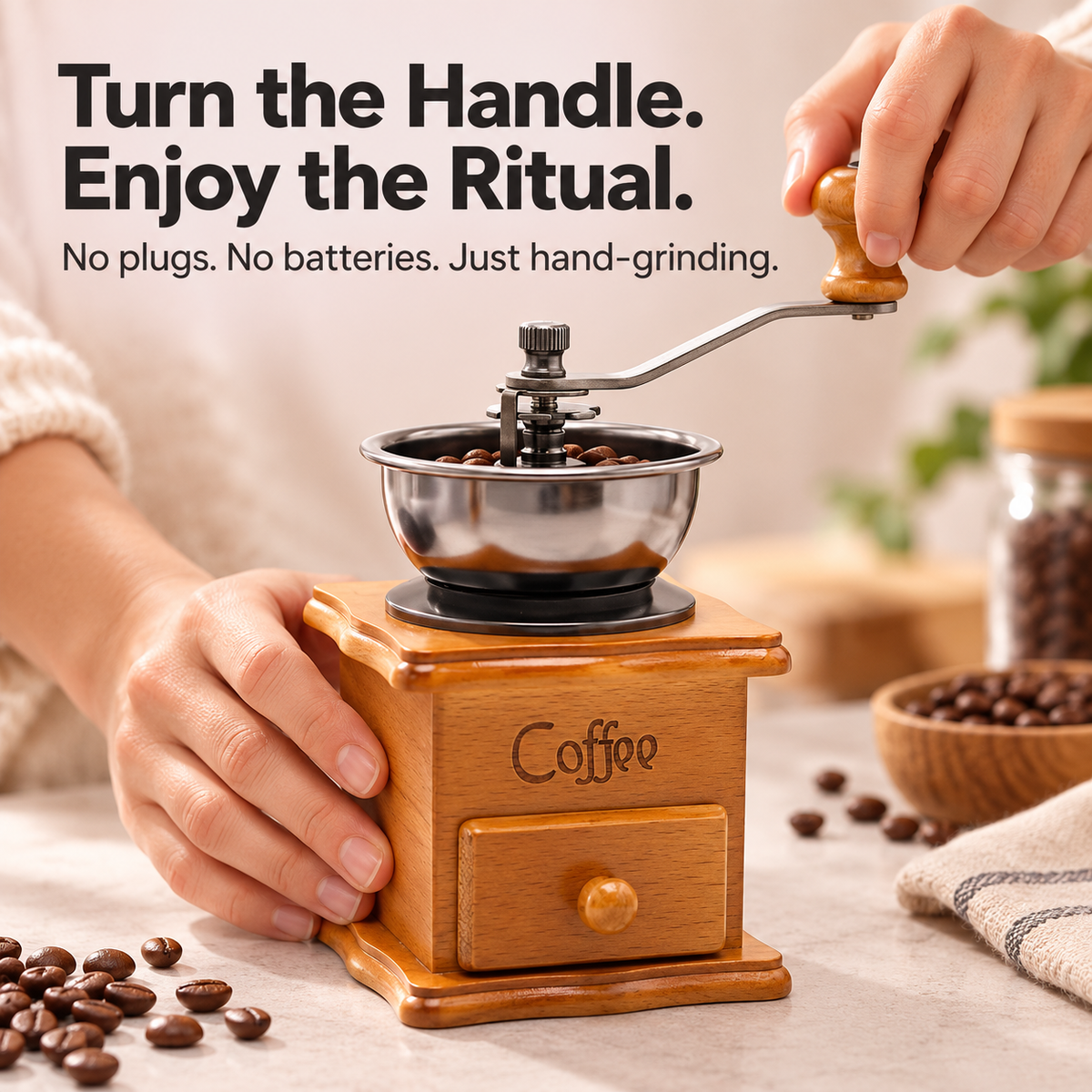 Manual Wooden Coffee Grinder with Hand Crank & Grounds Drawer – Retro Brown