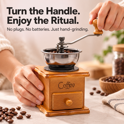 Manual Wooden Coffee Grinder with Hand Crank & Grounds Drawer – Retro Brown