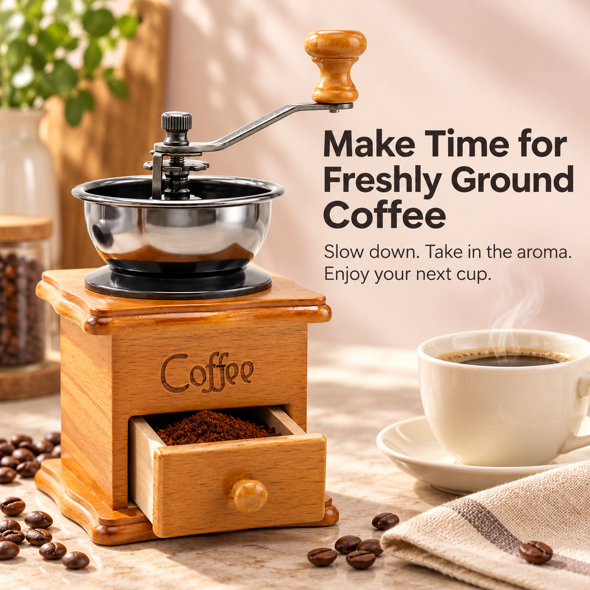 Manual Wooden Coffee Grinder with Hand Crank & Grounds Drawer – Retro Brown