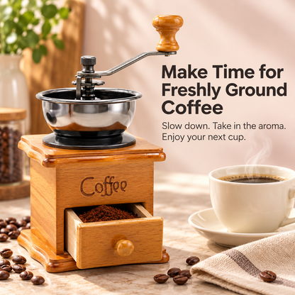Manual Wooden Coffee Grinder with Hand Crank & Grounds Drawer – Retro Brown