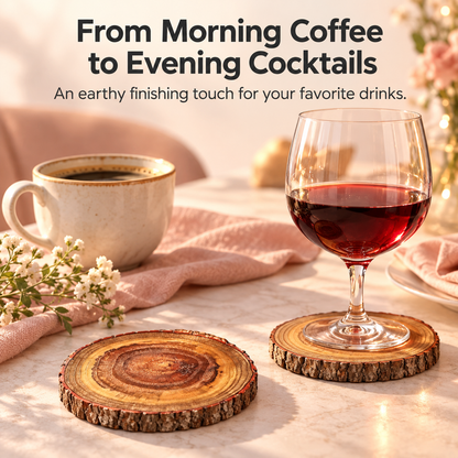 Natural Wood Slice Coasters with Bark Edge – Rustic Drink Coasters