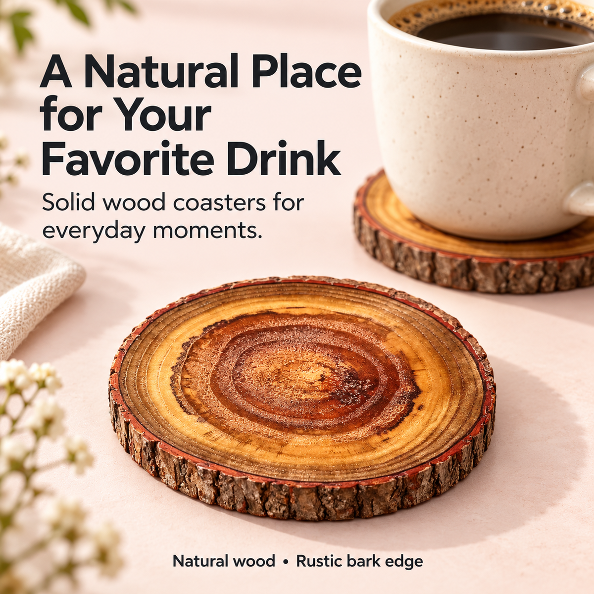 Natural Wood Slice Coasters with Bark Edge – Rustic Drink Coasters