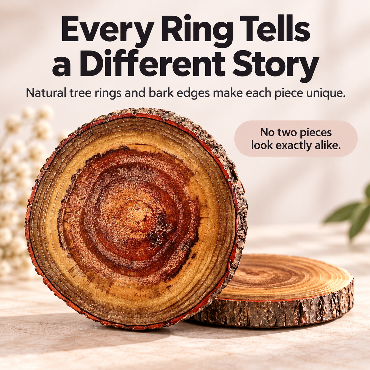 Natural Wood Slice Coasters with Bark Edge – Rustic Drink Coasters