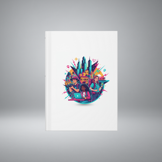 Hardcover Journal – Vibrant Stem City Illustration & Retro Geometric Pattern | Decorative Notebook