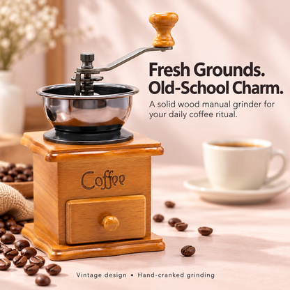 Manual Wooden Coffee Grinder with Hand Crank & Grounds Drawer – Retro Brown