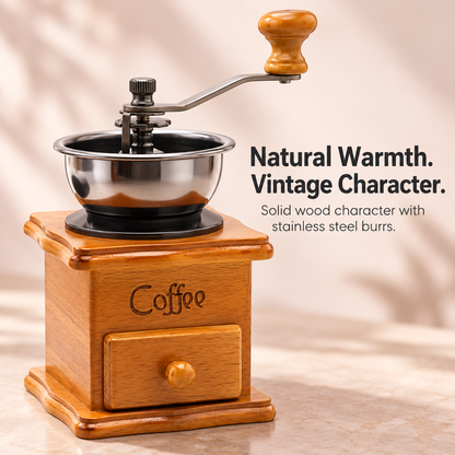 Manual Wooden Coffee Grinder with Hand Crank & Grounds Drawer – Retro Brown