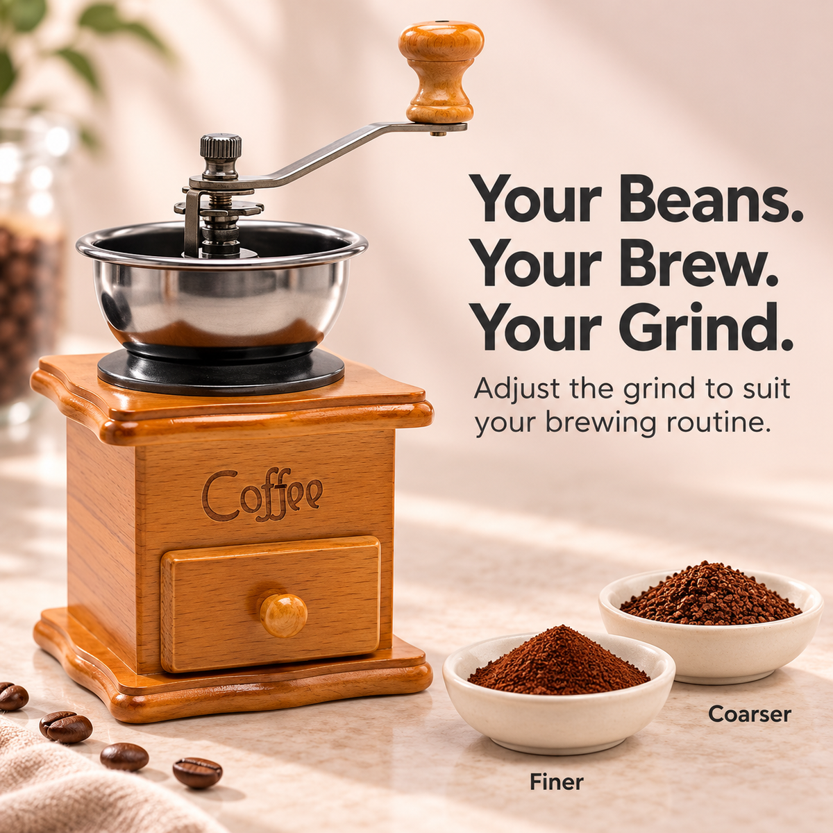 Manual Wooden Coffee Grinder with Hand Crank & Grounds Drawer – Retro Brown