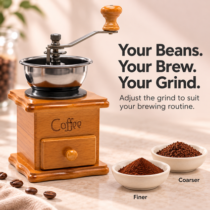 Manual Wooden Coffee Grinder with Hand Crank & Grounds Drawer – Retro Brown