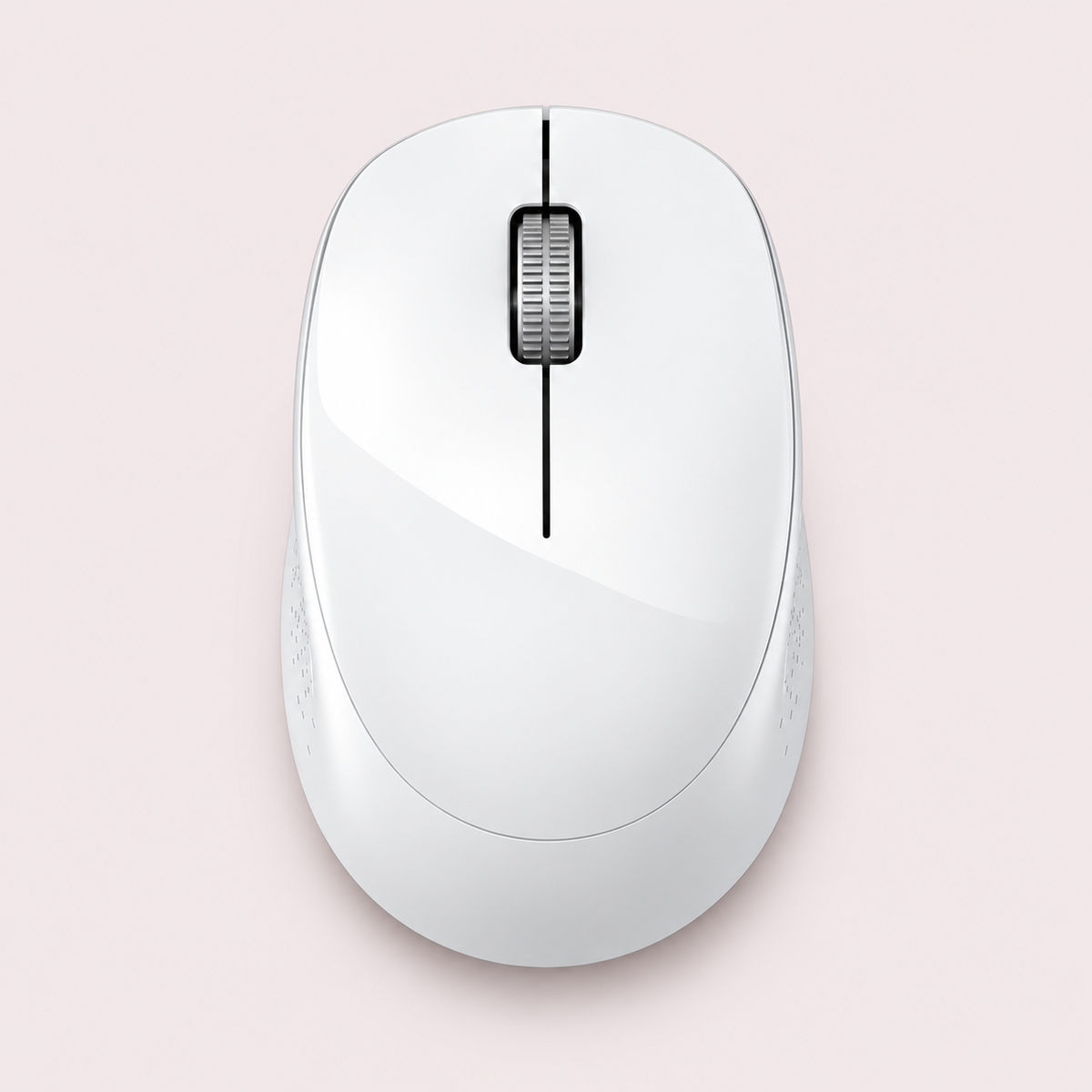 A white wireless computer mouse with a black scroll wheel, shown from a top-down perspective on a light pink background.