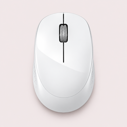 A white wireless computer mouse with a black scroll wheel, shown from a top-down perspective on a light pink background.