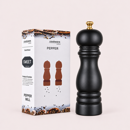 Black Wooden Pepper Mill – Manual Ceramic Grinder, 19.5 cm