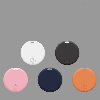 Set of five wireless tracking devices in different colors with a smartphone app interface.