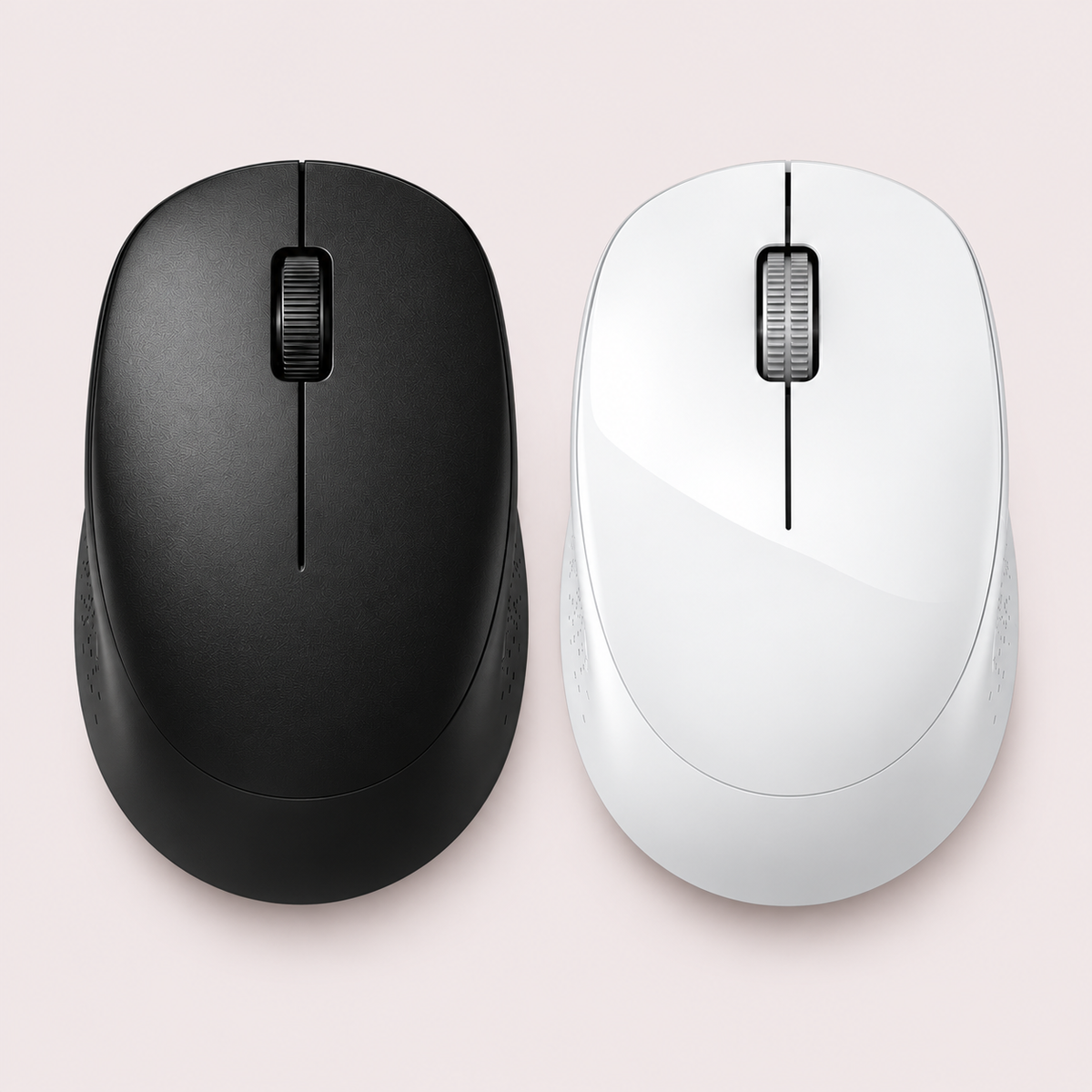 Two wireless computer mice shown side by side on a pale pink background: one in matte black and one in glossy white, both with gray scroll wheels.