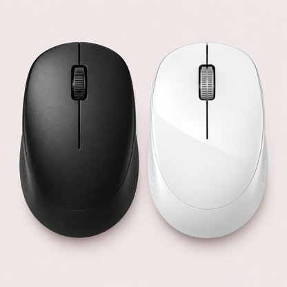 Two wireless computer mice shown side by side on a pale pink background: one in matte black and one in glossy white, both with gray scroll wheels.