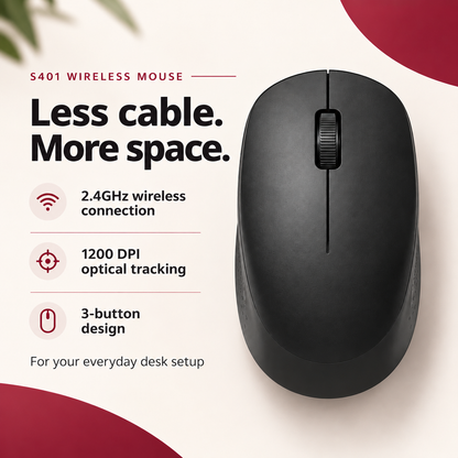 A black wireless computer mouse shown on a clean light background with marketing text reading 'S401 Wireless Mouse' and feature callouts including 2.4GHz wireless connection, 1200 DPI optical tracking, and 3-button design.