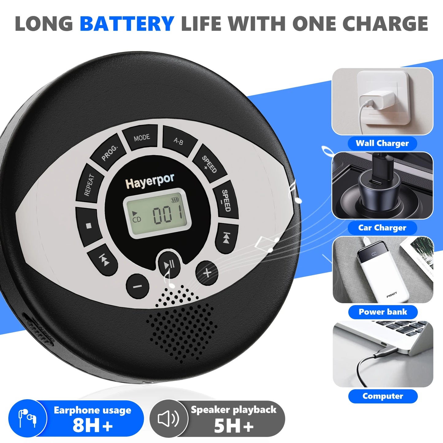 Rechargeable Discman CD Walkman with Speaker & Anti-Skip Protection | Portable CD Player with USB & Earbuds