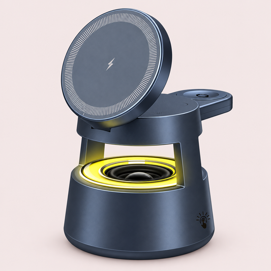 A modern dark gray portable speaker with a circular wireless charging pad on top, a glowing yellow light ring around the speaker driver, and a small light indicator on the front, shown against a solid pale pink background.