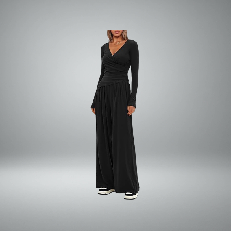 2 Pieces Women's V Neck Long-sleeve Sportswear Top And Wide-leg Pants Set Casual Comfortable Outfit Set For Daily Wear Gym Sports Outfit